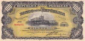 Paraguay, 100 Pesos, 1907, UNC, p159
100 Pesos M.N. = 10 Pesos Oro