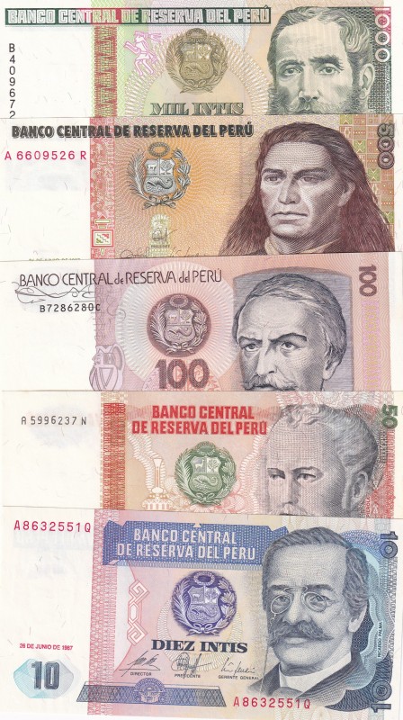 Peru, 10-50-100-500-1.000 Intis, 1987/1988, UNC, (Total 5 banknotes)
10 Intis, ...