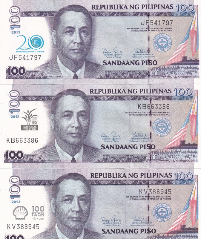 Philippines, 100 Piso, 2013, UNC, p218, (Total 3 banknotes)
Commemorative bankn...