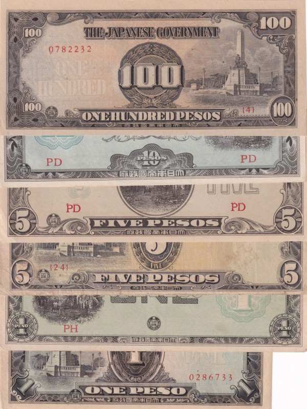 Philippines, (Total 6 banknotes)
Japanese Occupation-WWII, 1 Peso, 1943, XF; 5 ...