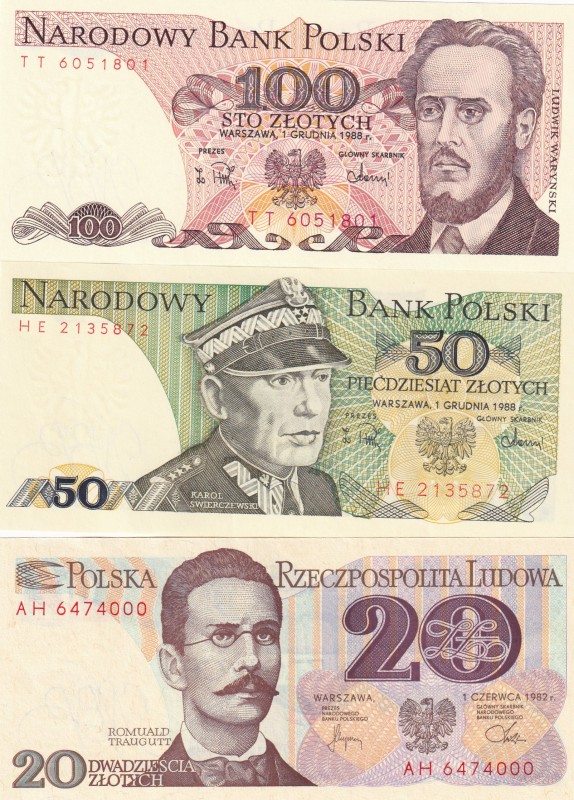 Poland, 20-50-100 Zlotych, 1982/1988, UNC, (Total 3 banknotes)
20 Zlotych, 1982...