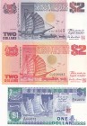 Singapore, 1-2-2 Dollars, 1987/1990/1997, UNC, p18; p27; p34, (Total 3 banknotes)