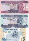 Solomon Islands, 5-10 Dollars, UNC, (Total 3 banknotes)
5 Dollars, 2019, pNew, Polymer banknot; 5 Dollars, 2004, p26; 10 Dollars, 2004, p27