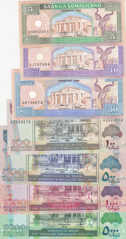 Somaliland, 5-10-50-100-500-1.000-5.000 Shillings, UNC, (Total 7 banknotes)
5 S...
