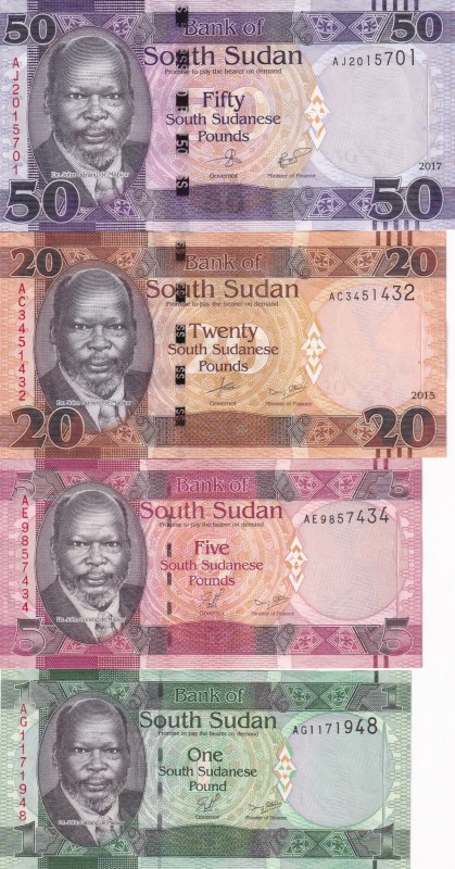 South Sudan, 1-5-20-50 Pounds, UNC, (Total 4 banknotes)
1 Pound, 2011, p5; 5 Po...