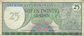 Suriname, 25 Gulden, 1985, VF, p127b
The entire border is wrapped with tape.