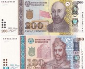 Tajikistan, 100-200 Somoni, 2017/2018, UNC, (Total 2 banknotes)
100 Somoni, 2017, p27b; 200 Somoni, 2018, pNew