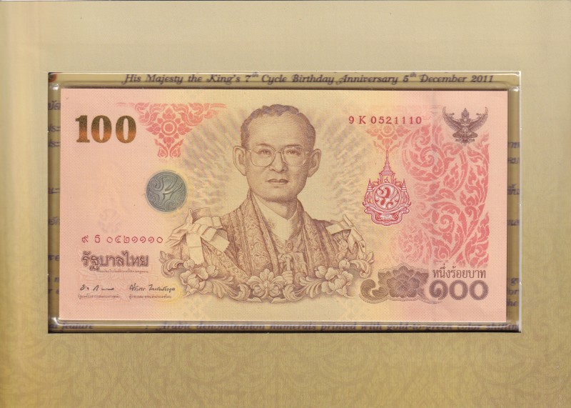 Thailand, 100 Baht, 2011, UNC, p124, FOLDER
King's 7th cycle birthday anniversa...