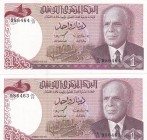 Tunisia, 1 Dinar, 1980, UNC, p74, (Total 2 consecutive banknotes)
