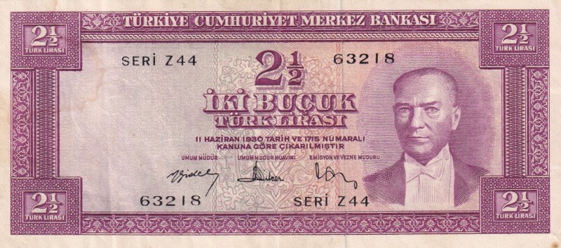 Turkey, 2 1/2 Lira, 1957, XF, p152
5. Emission, natural