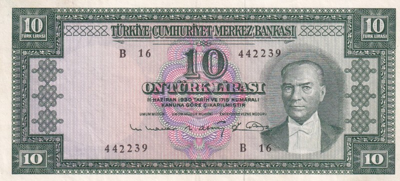 Turkey, 10 Lira, 1963, XF (+), p161, 5. Emission
Mustafa Kemal Atatürk Portrait...