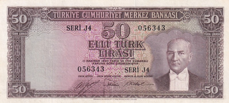 Turkey, 50 Lira, 1953, VF, p163
5.Emission, J Series-Very rare, Treated