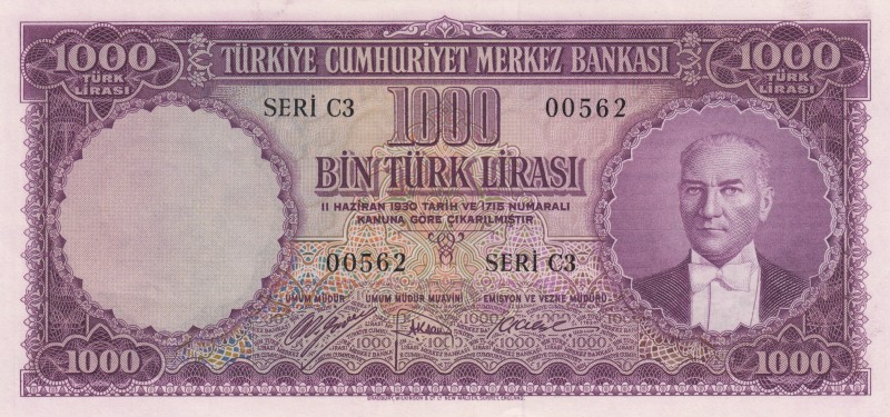 Turkey, 1.000 Lira, 1953, UNC, p172, Low serial