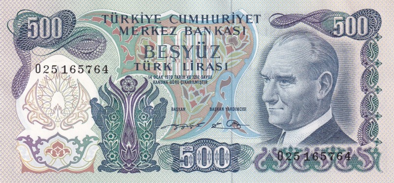 Turkey, 500 Lira, 1974, UNC, p190d
There is a counting trace.