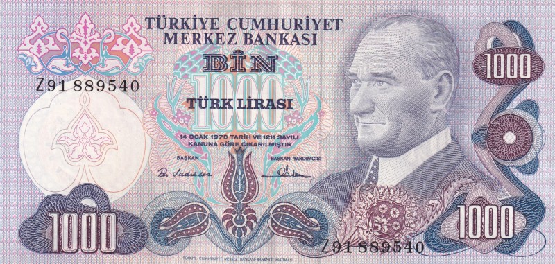 Turkey, 1.000 Lira, 1978, XF(+), p191, REPLACEMENT
"Z91"Rare