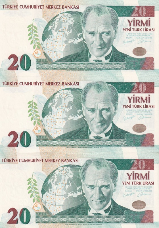 Turkey, 20 New Lira, 2005, AUNC(+), p219, (Total 3 consecutive banknotes)
Natur...