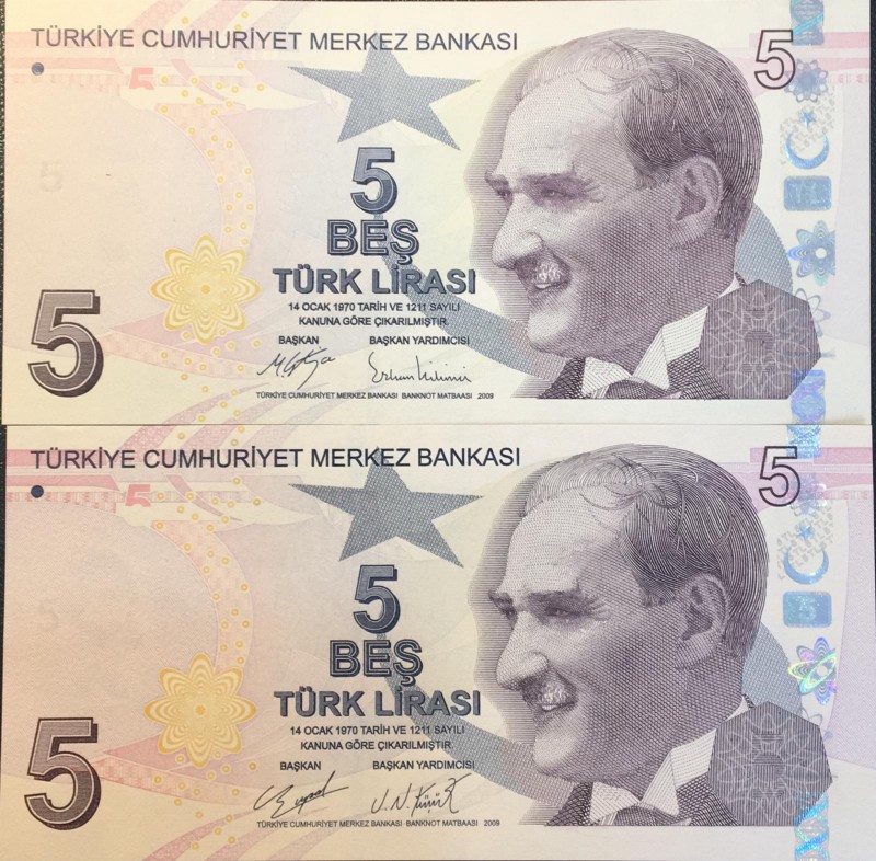 Turkey, 5 Lira, 2017, 2020, UNC, p222, p222, (Total 2 banknotes)
C001 ve D001 S...