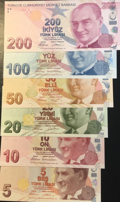 Turkey, 5-10-20-50-100-200 Lira, 2009, UNC, p222a, p223a, p224a, p225a, p226a, p...