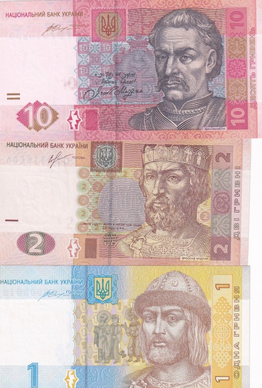 Ukraine, 1-2-10 Hryven, 2013/2015, UNC, (Total 3 banknotes)
1 Hryvnia, 2014, p1...