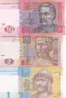 Ukraine, 1-2-10 Hryven, 2013/2015, UNC, (Total 3 banknotes)
1 Hryvnia, 2014, p116Ac; 2 Hryven, 2013, p117d; 10 Hryven, 2015, p119Ad