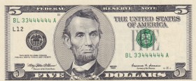 United States of America, 5 Dollars, 1999, UNC, p505
Nice serial number