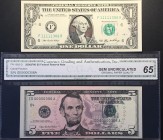 United States of America, 1-5 Dollars, UNC, (Total 2 banknotes)
First 1000 and similar serial numbers. Stairs of 1 Team.