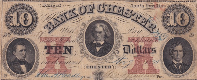 United States of America, 10 Dollars, 1855, FINE, Bank cheque
South Carolina