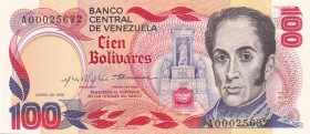 Venezuela, 100 Bolívares, 1980, UNC, p59
Commemorative Banknote, 150th Anniversary of the Death of Simon Bolivar.
