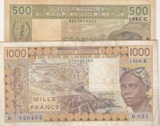 West African States, 500-1.000 Francs, VF, (Total 2 banknotes)
500 Francs, 1981, p306C; 1.000 Francs, 1990, p707K