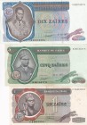 Zaire, 1-5-10 Zaires, 1972/1977, (Total 3 banknotes)
1 Zaire, 1972, p18a, VF(+); 5 Zaires, 1977, p21b, UNC(-); 10 Zaires, 1977, p23b, XF(+)