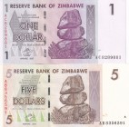 Zimbabwe, 1-5 Dollars, 2007, UNC, p65, p66, (Total 2 banknotes)