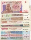 Zimbabwe, (Total 9 banknotes)
5 Dollars, 2007, UNC; 20.000 Dollars, 2008, VF; 200.000 Dollars, 2008, VF; 10.000.000 Dollars, 2008, VF; 5 Dollars, 199...