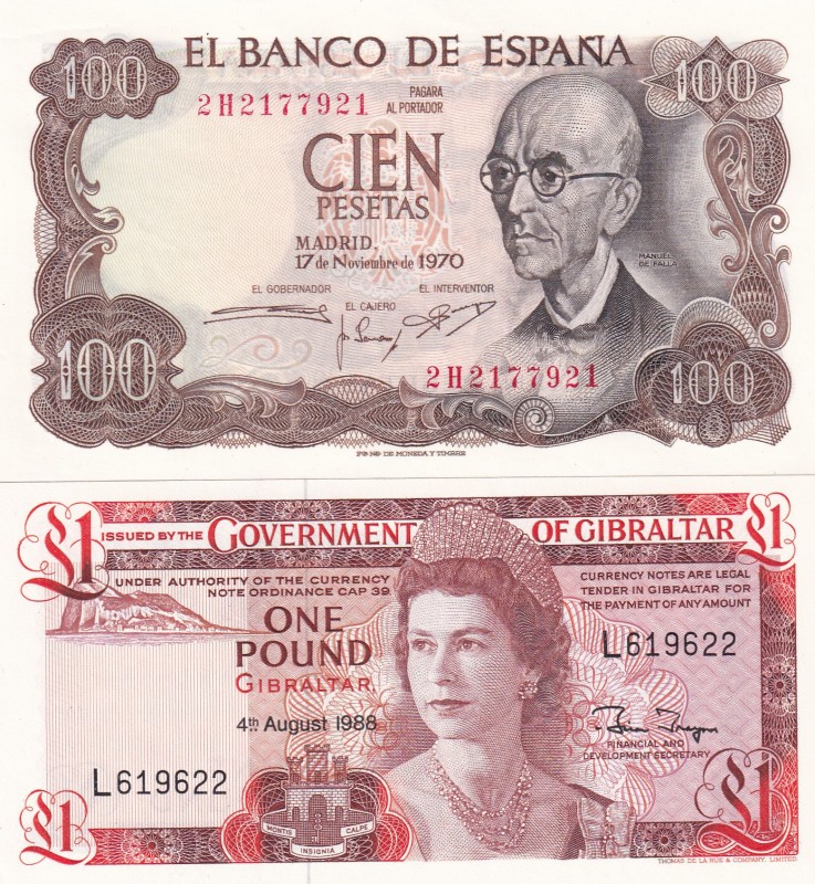 Mix Lot, UNC, (Total 2 banknotes)
Gibraltar 1 Pound, 1988, p20e; Spain 100 Pese...