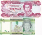 Mix Lot, UNC, (Total 2 banknotes)
Jersey 1 Pound, 2010, p32a; Bahamas 3 Dollars, 1984, p44a