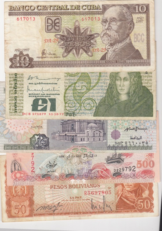 Mix Lot, VF, (Total 5 banknotes)
Ireland 1 Pound, 1977, p70; Cuba 10 Pesos, 199...