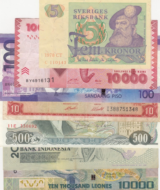 Mix Lot, VF, (Total 7 banknotes)
Greece 500 Drachmai, 1983; Peru 10 Soles de Or...