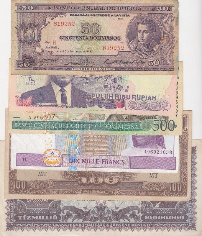 Mix Lot, (Total 6 banknotes)
Indonesia 10.000 Rupiah, 1992, UNC(-); Dominican R...