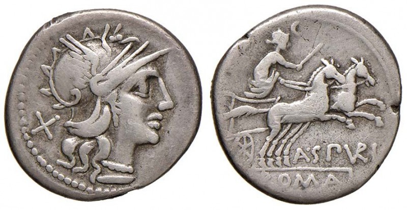 Spurilia - A. Spurilius - Denario (139 a.C.) Testa di Roma a d. - R/ Luna su big...