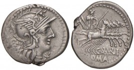 Aburia - B. Aburius Geminus - Denario (132 a.C.) Testa di Roma a d. - R/ Il Sole su quadriga a d. - B. 6; Cr. 250/1 AG (g 3,88)
qBB