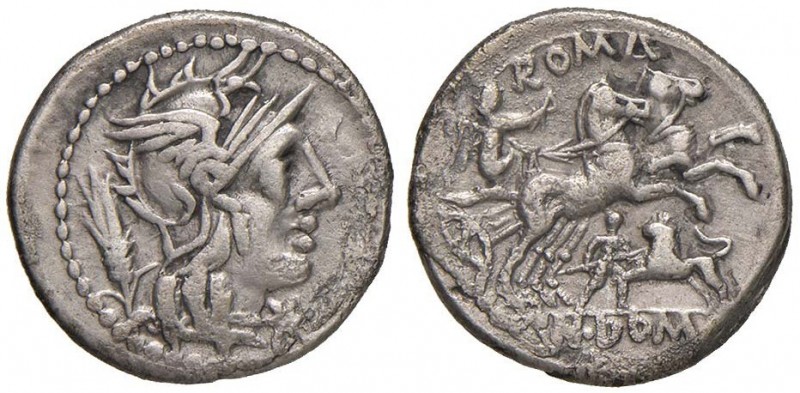 Domitia - Cn. Domitius - Denario (128 a.C.) Testa di Roma a d. - R/ La Vittoria ...