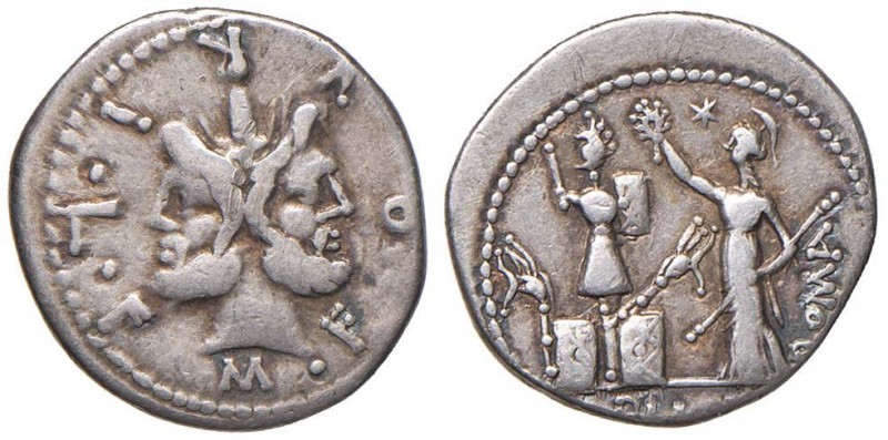 Furia - M. Furius L. f. Philus - Denario (119 a.C.) Testa di Giano - R/ Roma sta...