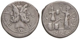 Furia - M. Furius L. f. Philus - Denario (119 a.C.) Testa di Giano - R/ Roma stante a s. incorona un trofeo - B. 18; Cr. 414/1 AG (3,85)
qBB