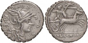 Cosconia - L. Cosconius M. f. - Denario (118 a.C.) Testa di Roma a d. - R/ Il re gallo Bituito su biga a d. - B. 1; Cr. 282/2 AG (g 3,84)
qBB