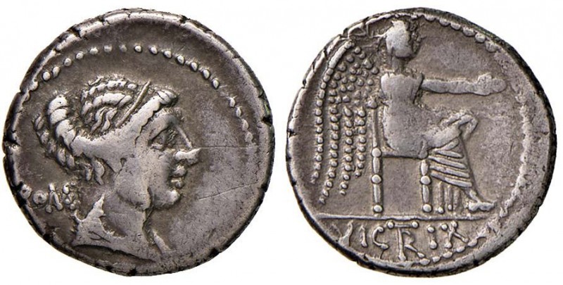 Porcia - M. Cato - Denario (110-109 a.C.) Testa della Libertà a d. - R/ La Vitto...