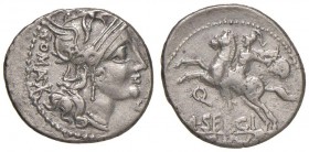 Sergia - M. Sergius Silus - Denario (116-115 a.C.) Testa di Roma a d. - R/ Cavaliere a s. con la spada sguainata - B. 1; Cr. 286/1 AG (g 3,94)
qBB/BB