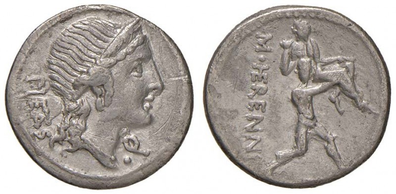 Herennia - M. Herennius - Denario (108-107 a.C.) Testa della Pietà a d. - R/ Anf...