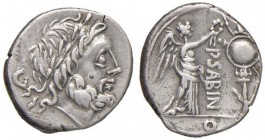 Vettia - P. Vettius Sabinus - Quinario (99 a.C.) Testa laureata di Giove a d. - R/ La Vittoria stante a d. incorona un trofeo - B. 1; Cr. 331/1 AG (g ...