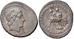 Fonteia - Mn. Fonteius C. f. - Denario (85 a.C.) Testa di Apollo a d., davanti, monogramma - R/ Genio su capra a d. - B. 9; Cr. 353/1a AG (g 4,00) Con...