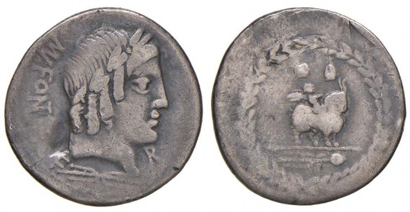Fonteia - Mn. Fonteius C. f. - Denario (85 a.C) Testa di Apollo a d. - R/ Genio ...