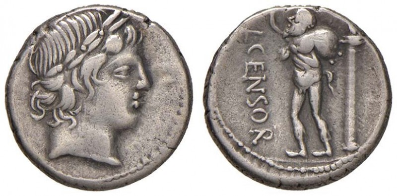 Marcia - L. Censorinus - Denario (82 a.C.) Testa di Apollo a d. - R/ Il satiro M...